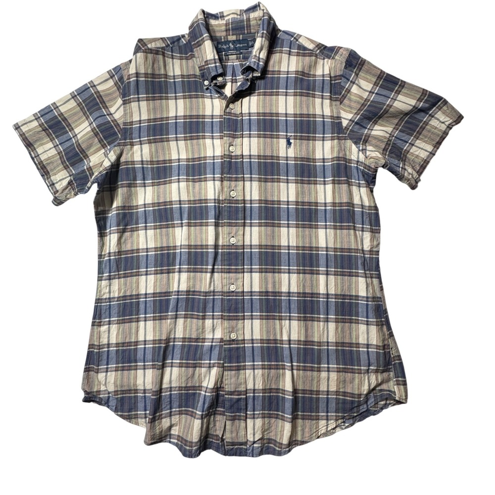 Polo Ralph Lauren Button Down Mens L Blue Madras Plaid Short Sleeve Preppy Shirt